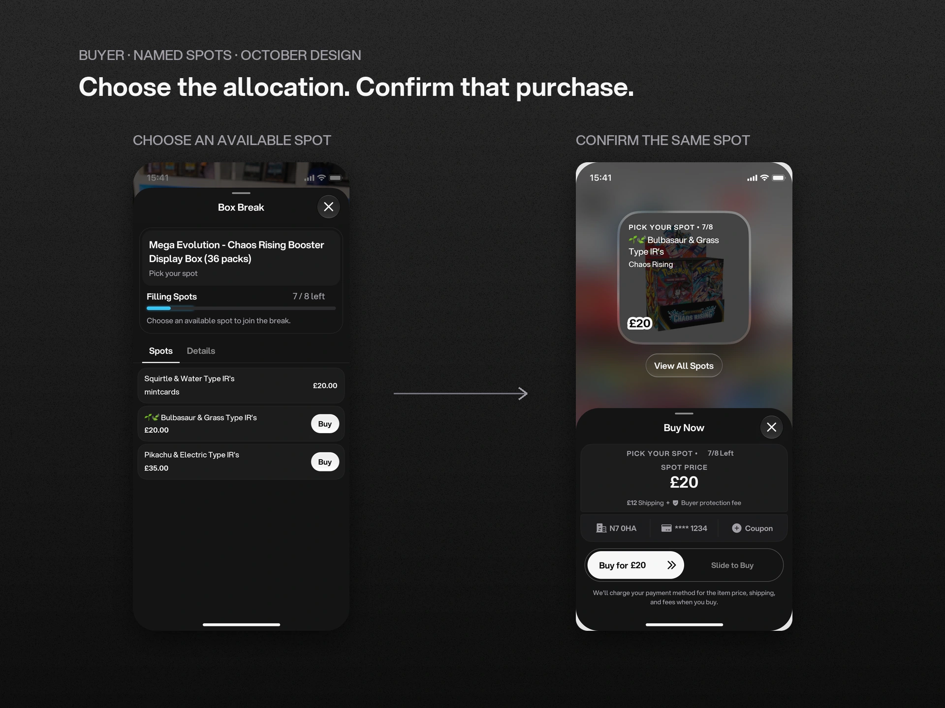 Buyer experience: the same named allocation and price carry from selection into checkout. October handoff design; release is unconfirmed.