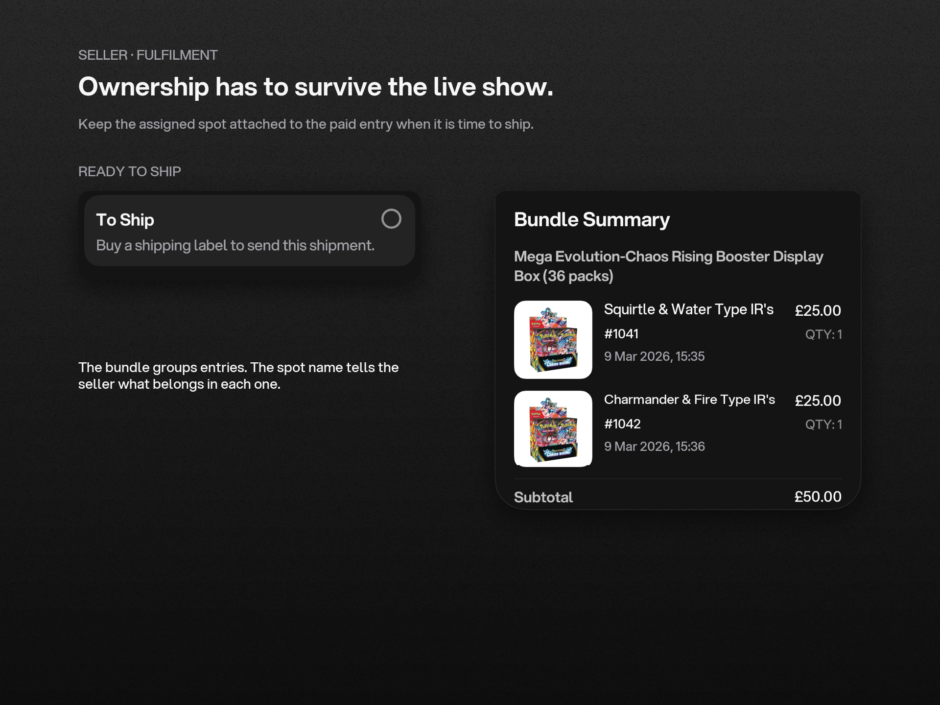 Seller experience: the bundle keeps each paid entry connected to its assigned spot for fulfilment.