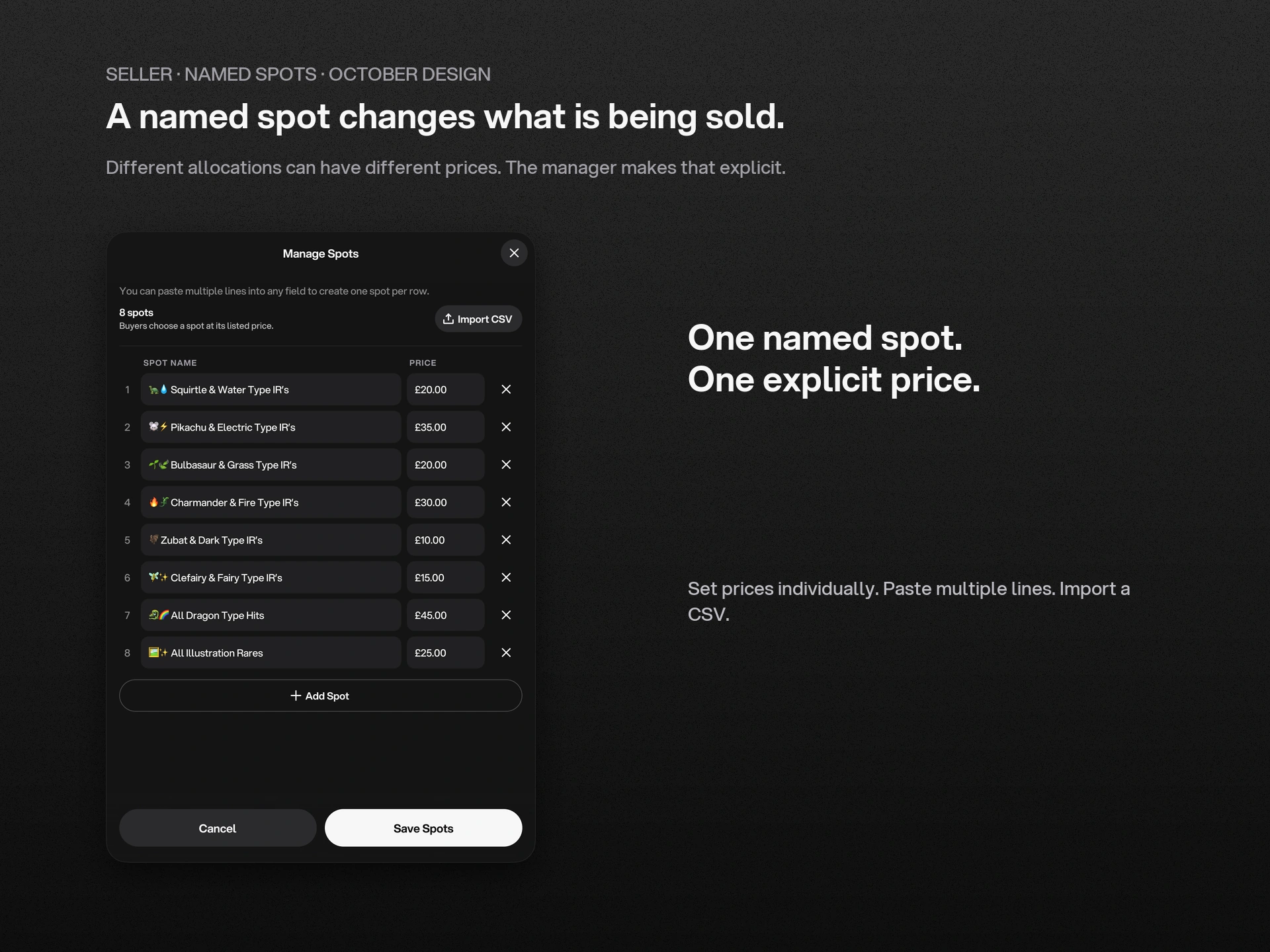 Seller experience: the October spot manager gives each named allocation its own price.