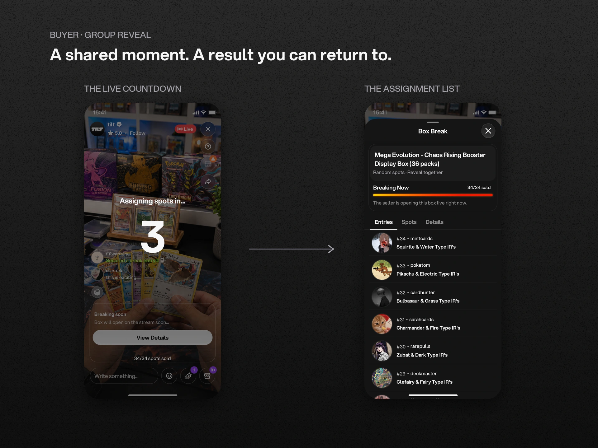 Buyer experience: a countdown leads to a persistent list of assigned spots.
