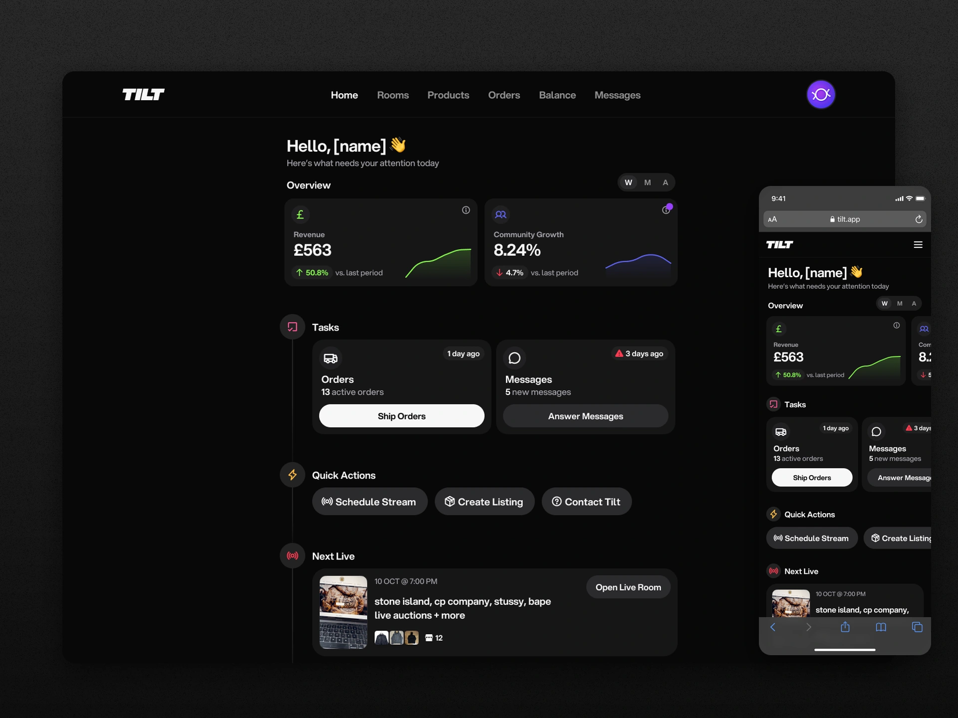 Seller homepage desktop and mobile designs with illustrative performance data