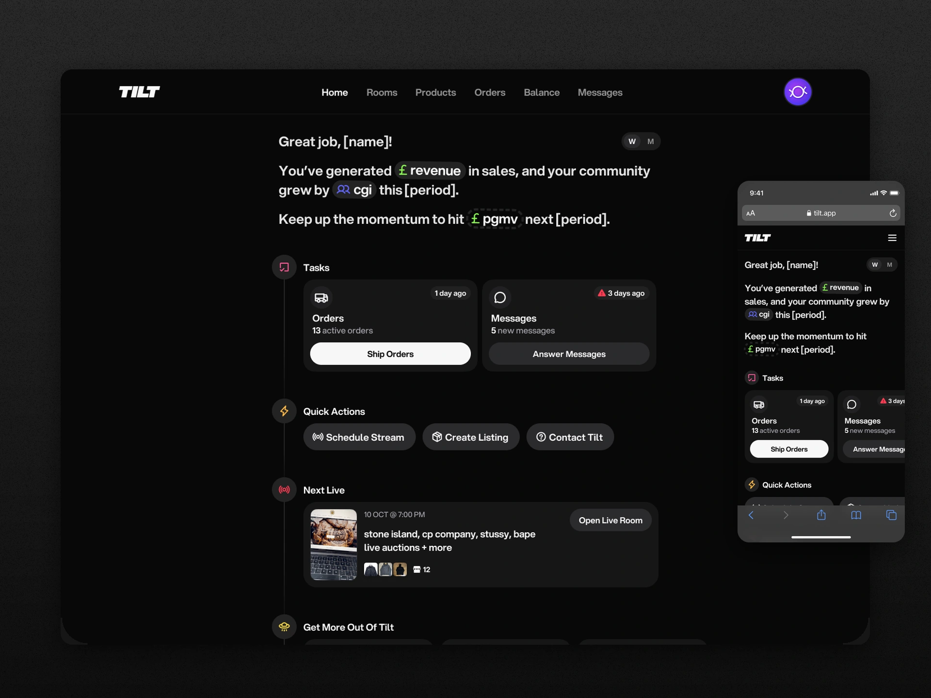 An alternative seller homepage connects a written performance summary with orders, messages and the next live show. Unshipped concept; interface values are illustrative.
