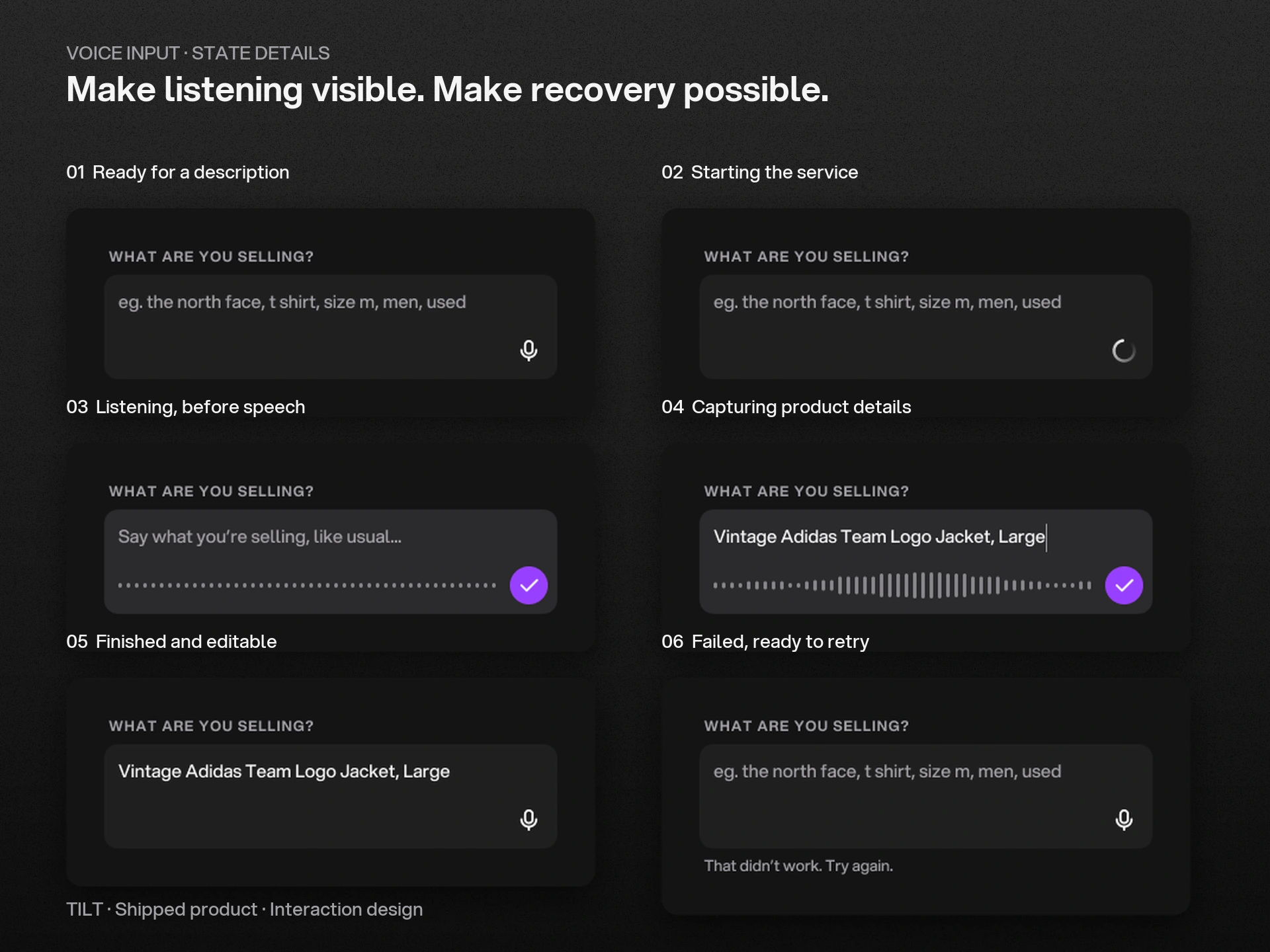 Six voice-input states from the original handoff: idle, starting, listening, capturing details, editable text and failure.