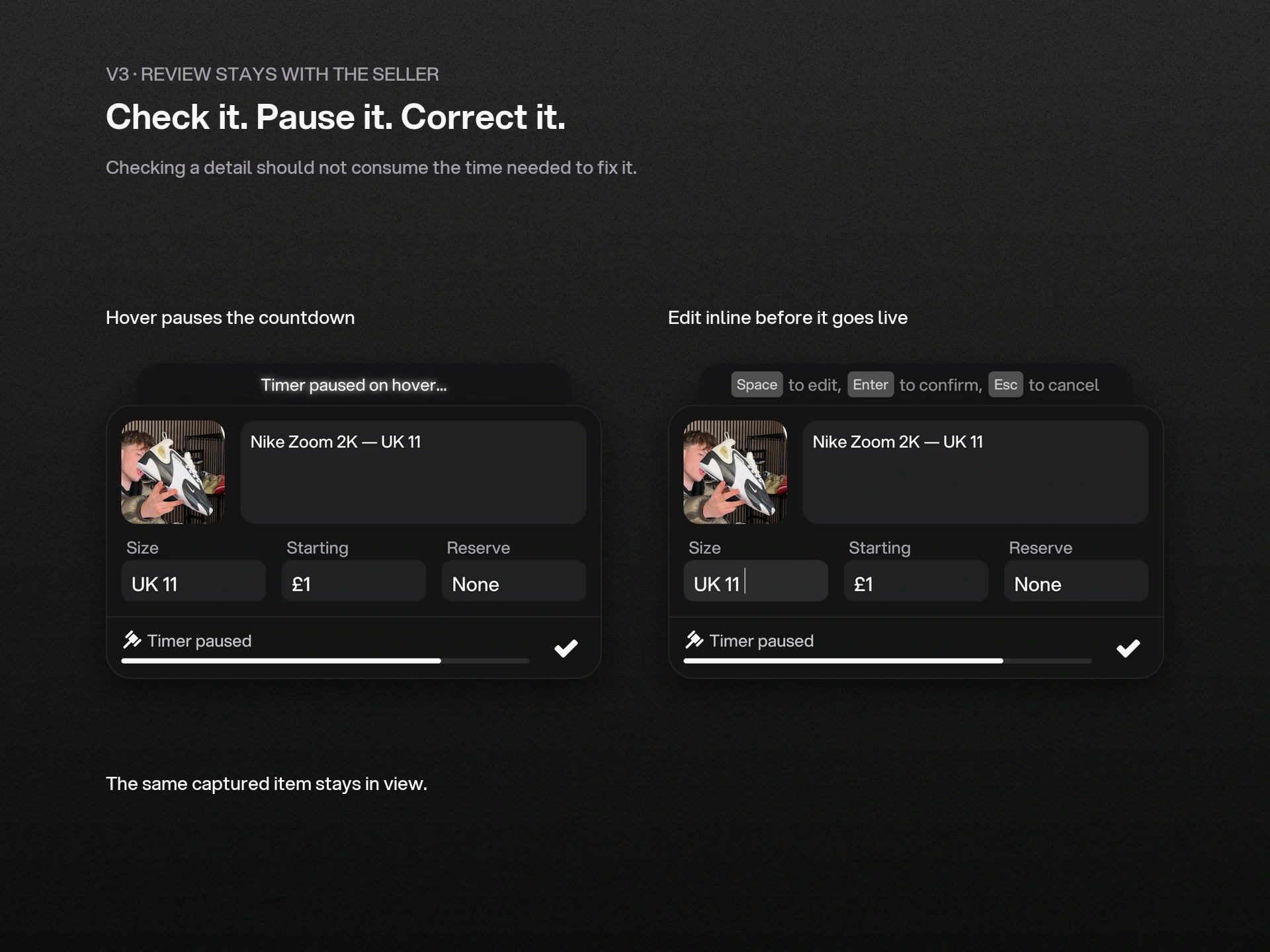 Seller controls: hover pauses the countdown and an inline edit keeps the same captured item in view.