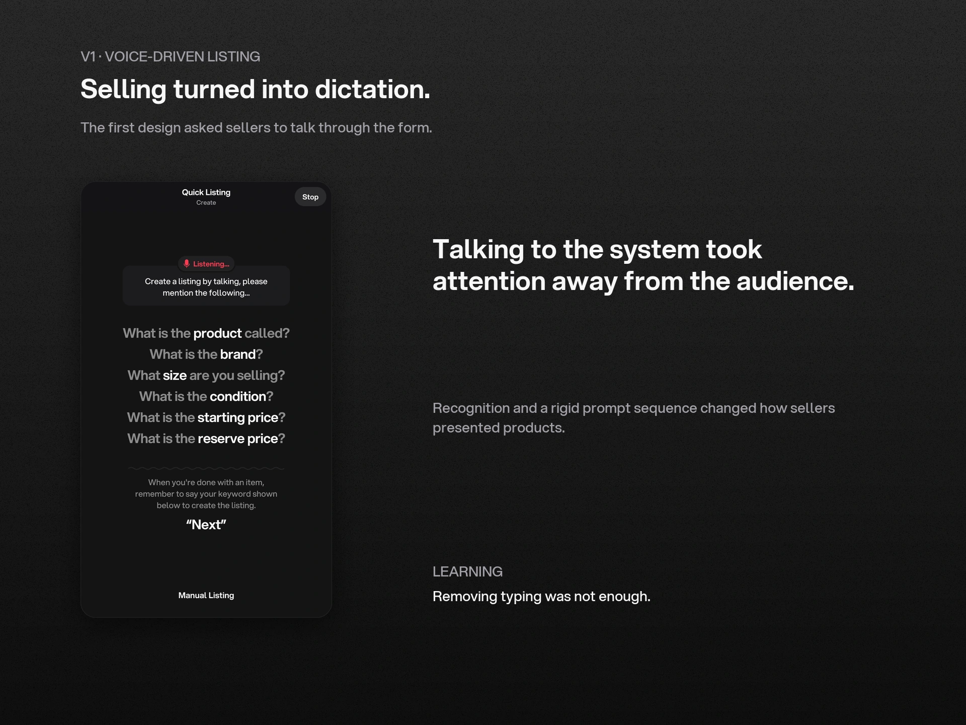 V1 seller experiment: a listening form prompted each product field and required the keyword Next.